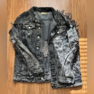 Distressed Black Jean Jacket with Fringe